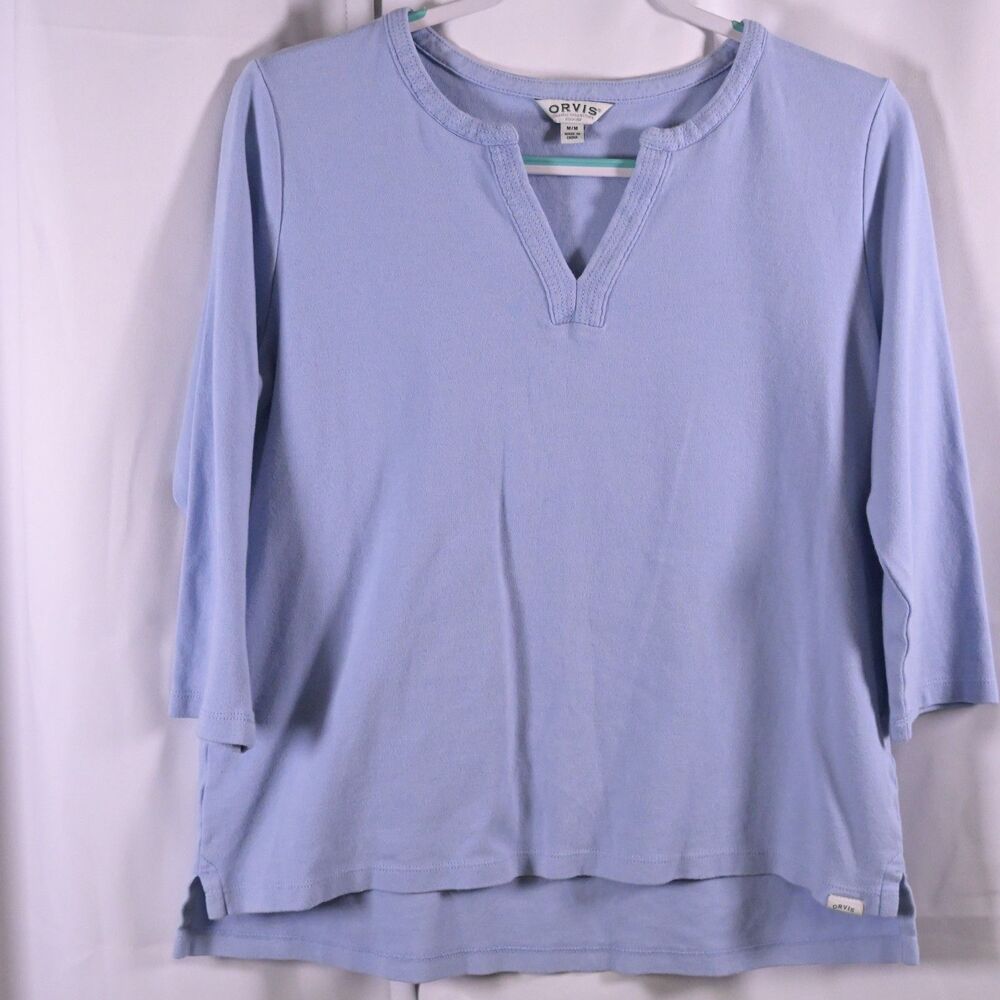 Orvis Blue Pima Cotton Split Neck V‑Neck Tunic Womens Medium 3/4 Sleeve